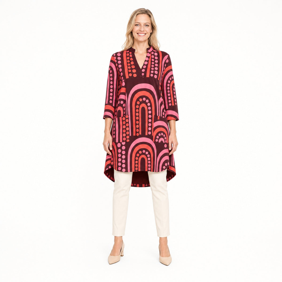 Angelle Milan Travelstof Tuniek - Bordeaux Koraal Grafische Print