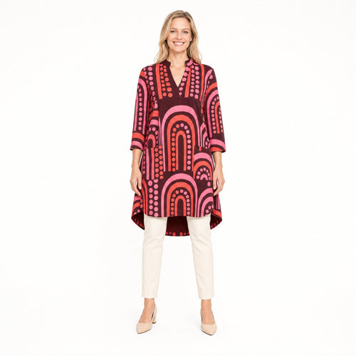 Angelle Milan Travelstof Tuniek - Bordeaux Koraal Grafische Print