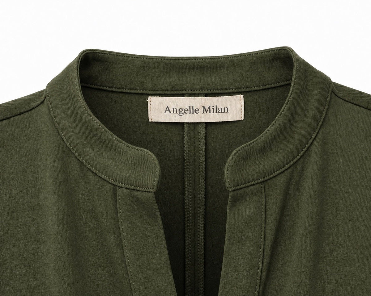 Angelle Milan Travelstof Jurk - Army Groen Effen - Driekwart Mouw
