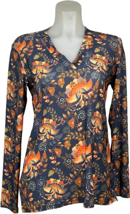 Angelle Milan – travelstof blouse – Navy Oranje bloemen blouse – Ademend – Kreukvrij – Duurzame Blouse - Mapsy B.V