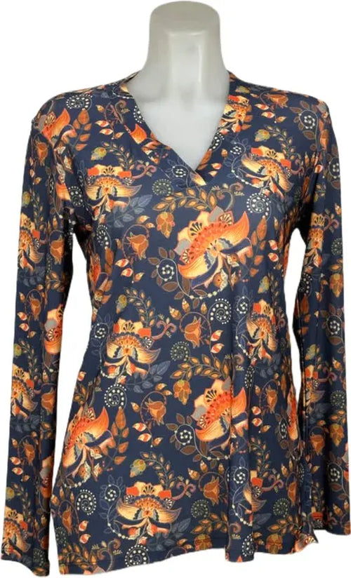 Angelle Milan – travelstof blouse – Navy Oranje bloemen blouse – Ademend – Kreukvrij – Duurzame Blouse - Mapsy B.V