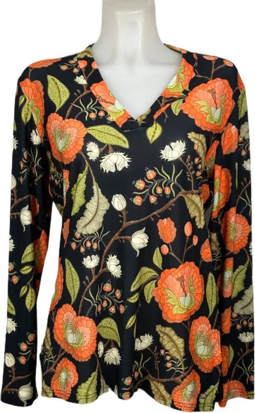 Angelle Milan – travelstof blouse – Zwart Oranje bloemen blouse – Ademend – Kreukvrij – Duurzame Jurk - Mapsy B.V