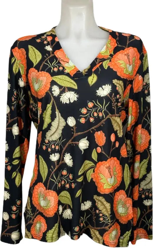 Angelle Milan – travelstof blouse – Zwart Oranje bloemen blouse – Ademend – Kreukvrij – Duurzame Jurk - Mapsy B.V