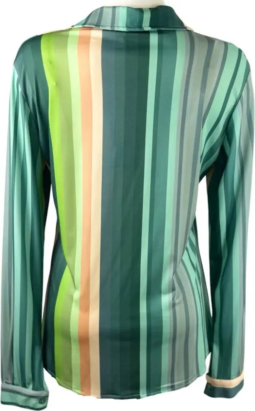 Angelle Milan - Streepjes Multi-Groene Blouse voor Dames - Travelstof - Ademend - Kreukherstellend - Duurzaam - Maat S - in 5 maten!