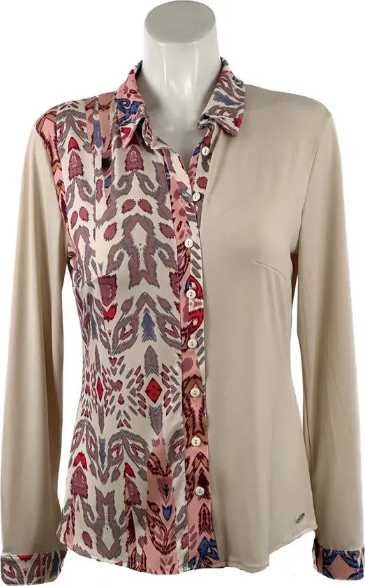 Angelle Milan - Blouse in 50/50 Rood/Beige voor Dames - Travelstof - Comfort - Strijkvrij - Duurzaam - Maat XXL - In 5 maten!