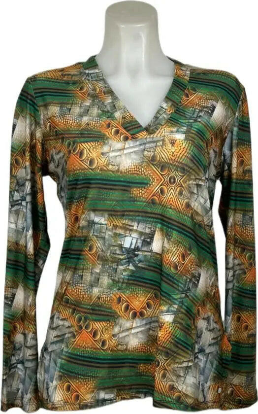 Angelle Milan – travelstof blouse – Groen Oranje blouse – Ademend – Kreukvrij – Duurzame Blouse - Mapsy B.V