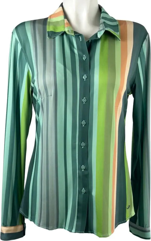 Angelle Milan - Streepjes Multi-Groene Blouse voor Dames - Travelstof - Ademend - Kreukherstellend - Duurzaam - Maat S - in 5 maten!