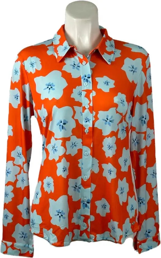 Angelle Milan - Oranje/Lichtblauwe travelstof Blouse voor Dames - Travelstof - Ademend - Kreukherstellend - Duurzaam - in 5 maten! - Mapsy B.V