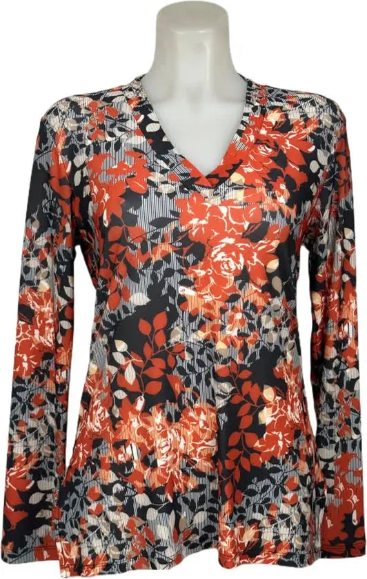 Angelle Milan – Travelkleding voor dames – Rood/Blauwe bloemen blouse – Ademend – Kreukvrij – Duurzame Jurk - In 5 maten - Maat L