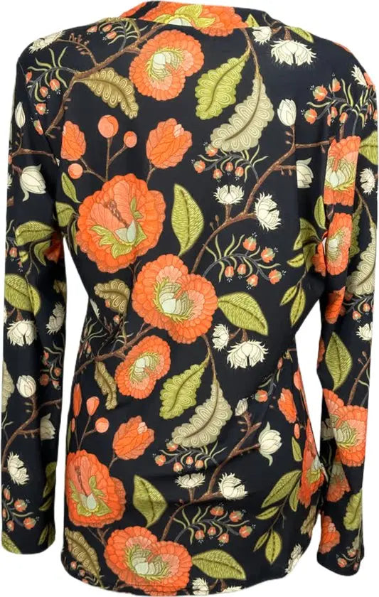 Angelle Milan – Travelkleding voor dames – Zwart Oranje bloemen blouse – Ademend – Kreukvrij – Duurzame Jurk - In 5 maten - Maat M