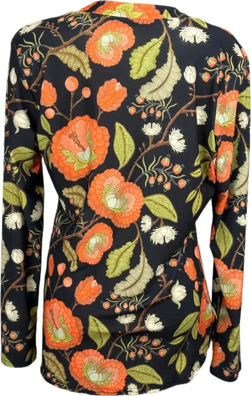 Angelle Milan – travelstof blouse – Zwart Oranje bloemen blouse – Ademend – Kreukvrij – Duurzame Jurk - Mapsy B.V
