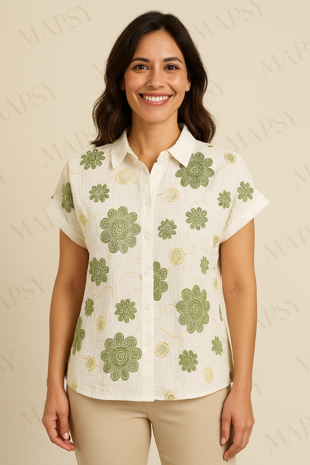 Suzzy & Milly Katoenen Zomerblouse – Witte Blouse met Groene Geborduurde Bloemen (S/M/L)