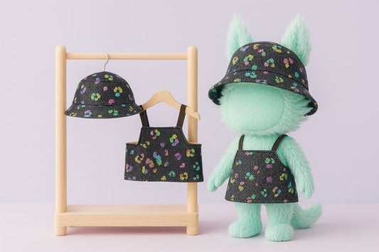 Labubu Outfit - Holografisch zwarte tuinbroek met matching bucket hat