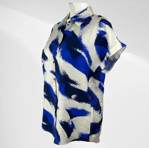 Suzzy & Emilly - Blauw/Zwart/Wit Blousje met Korte Mouwen - Luchtig & Comfortabel - in 3 maten beschikbaar - Mapsy B.V