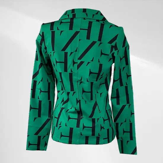 Angelle Milan - Casual blazer - Groen met zwarte letters - Travelstof - Maat S - In 5 maten verkrijgbaar