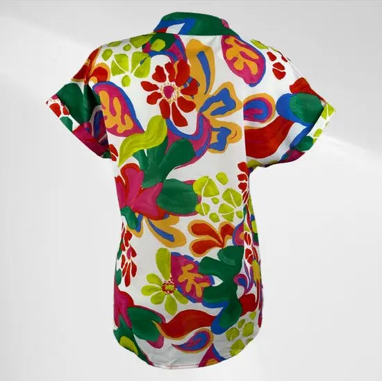 Suzzy en Emilly - Multirood Patroon Blousje met Korte Mouwen - Luchtig & Comfortabel - in 3 maten beschikbaar - Mapsy B.V