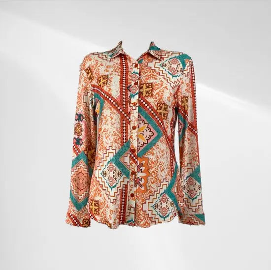 Angelle Milan - Oranje travelstof blouse met blauwe en witte print - Travelstof - In 5 maten - Mapsy B.V