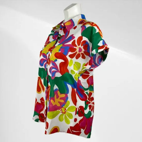 Suzzy en Emilly - Multirood Patroon Blousje met Korte Mouwen - Luchtig & Comfortabel - in 3 maten beschikbaar - Mapsy B.V