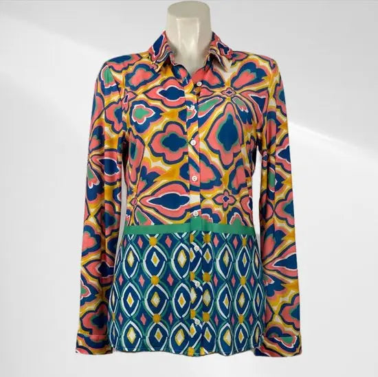 Angelle Milan - Multikleur travelstof Blouse voor Dames - Travelstof - Comfort - Strijkvrij - Duurzaam - In 5 maten! - Mapsy B.V