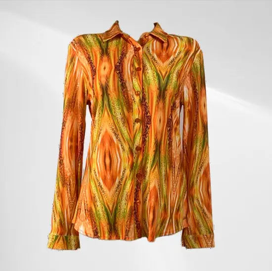 Angelle Milan - Oranje travelstof blouse met strepenpatroon - Travelstof - In 5 maten - Mapsy B.V