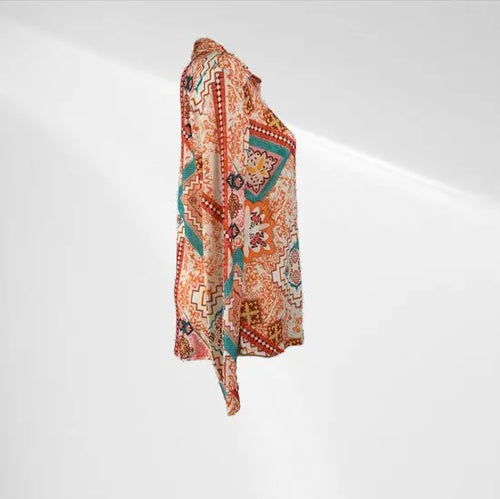 Angelle Milan - Oranje travelstof blouse met blauwe en witte print - Travelstof - In 5 maten - Mapsy B.V
