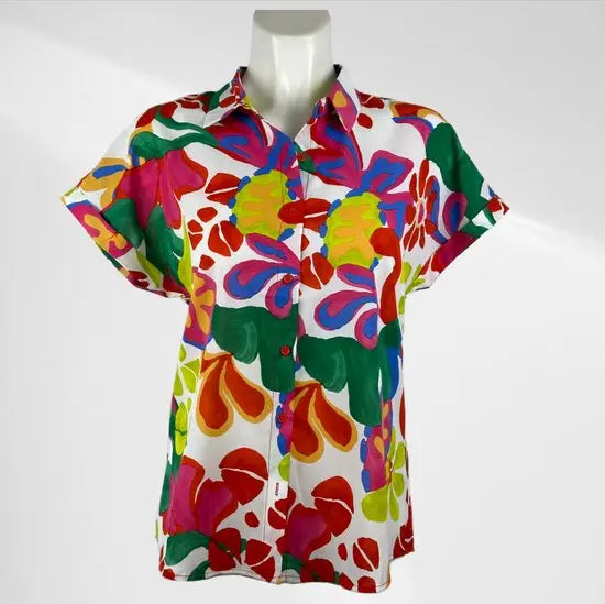 Suzzy en Emilly - Multirood Patroon Blousje met Korte Mouwen - Luchtig & Comfortabel - in 3 maten beschikbaar - Mapsy B.V