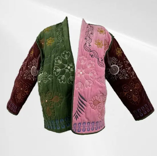 Fluwelen jas Velvet Jas met Verschillende Prints - Groen en Roze - One Size - Mapsy B.V