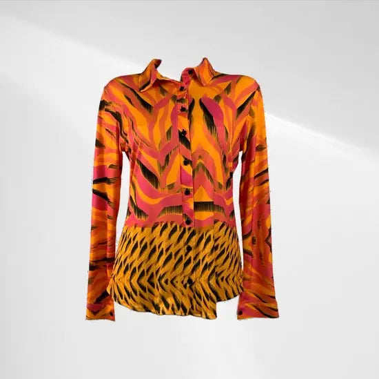 Angelle Milan - Oranje blouse met roze en zwarte print - Travelstof - In 5 maten - Maat L