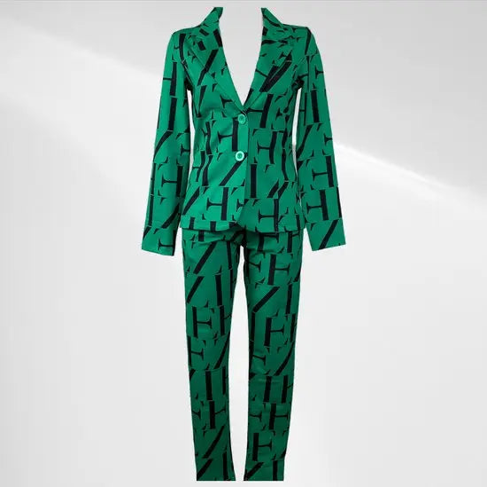 Angelle Milan - Casual blazer - Groen met zwarte letters - Travelstof - Maat S - In 5 maten verkrijgbaar