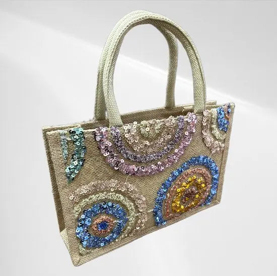 Elegante jute handtas met Handgemaakt Design - Natuurlijke Jute en Pailletten - Ruim en Stijlvol voor Casual en Formele Gelegenheden - in 5 varianten! - Mapsy B.V
