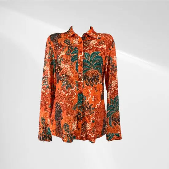 Angelle Milan - Oranje blouse met paarse bloemen - Travelstof - In 5 maten - Maat XXL