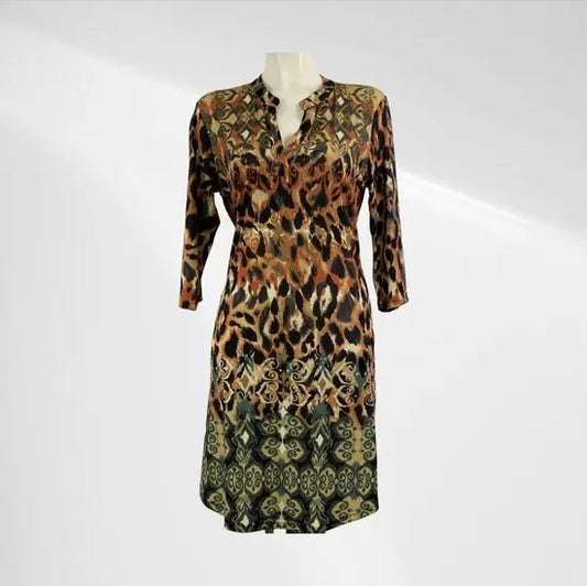 Angelle Milan - travelstof jurk voor Dames - Groen Patroon - Strijkvrij - Flexibel - Comfortabel - In 5 maten! - Mapsy B.V