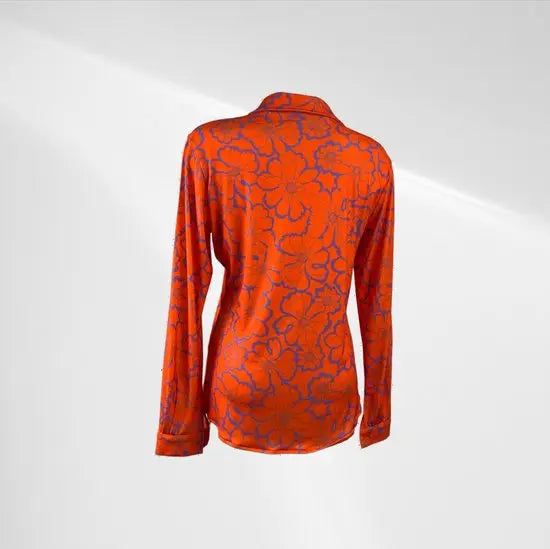 Angelle Milan - Oranje blouse met bloemenpatroon - Travelstof - In 5 maten - Maat L