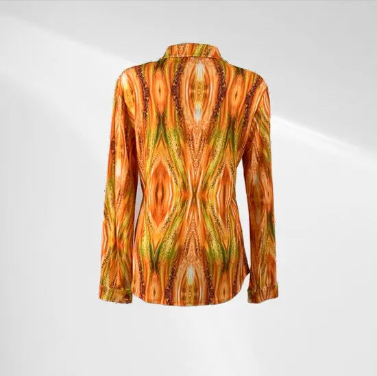 Angelle Milan - Oranje travelstof blouse met strepenpatroon - Travelstof - In 5 maten - Mapsy B.V