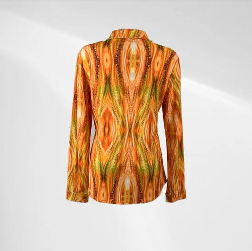 Angelle Milan - Oranje travelstof blouse met strepenpatroon - Travelstof - In 5 maten - Mapsy B.V