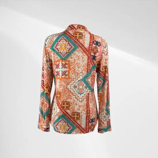 Angelle Milan - Oranje travelstof blouse met blauwe en witte print - Travelstof - In 5 maten - Mapsy B.V