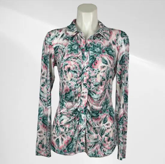 Angelle Milan - Metallic Roze/Groene travelstof Blouse voor Dames - Travelstof - Ademend - Kreukherstellend - Duurzaam - in 5 maten! - Mapsy B.V