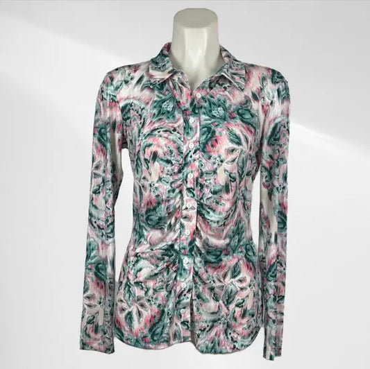 Angelle Milan - Metallic Roze/Groene travelstof Blouse voor Dames - Travelstof - Ademend - Kreukherstellend - Duurzaam - in 5 maten! - Mapsy B.V