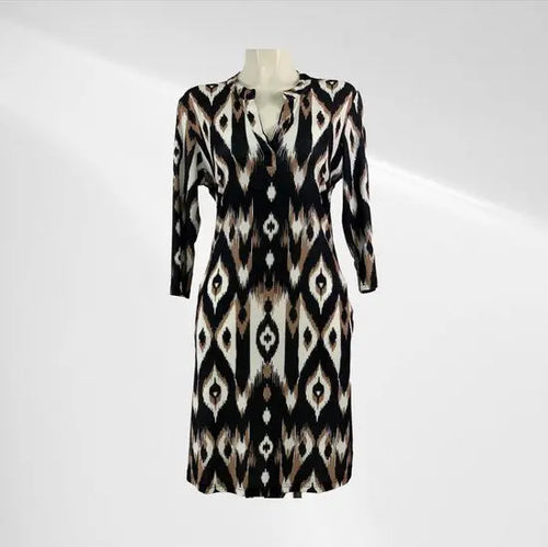 Angelle Milan - travelstof jurk voor Dames - Bruin/Zwart/Wit - Strijkvrij - Flexibel - Comfortabel - In 5 maten! - Mapsy B.V