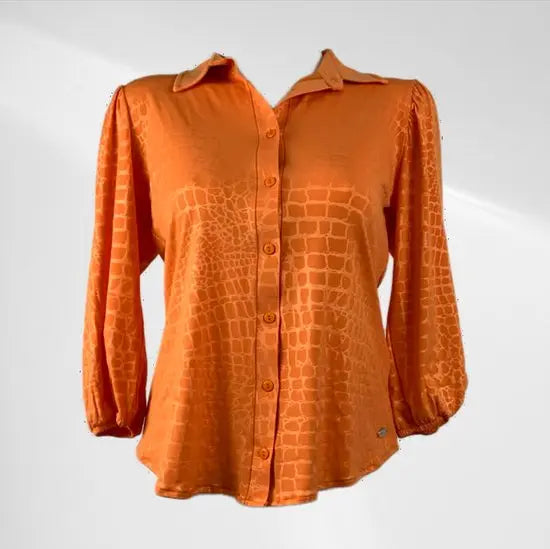 Angelle Milan - Oranje travelstof blouse met slangenpatroon - Travelstof - In 5 maten - Mapsy B.V