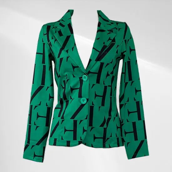 Angelle Milan - Casual blazer - Groen met zwarte letters - Travelstof - Maat S - In 5 maten verkrijgbaar