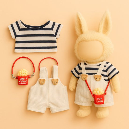 Labubu Outfit -  Witte teddy bretelshort met zwart-wit shirt & rood popcorn-tasje