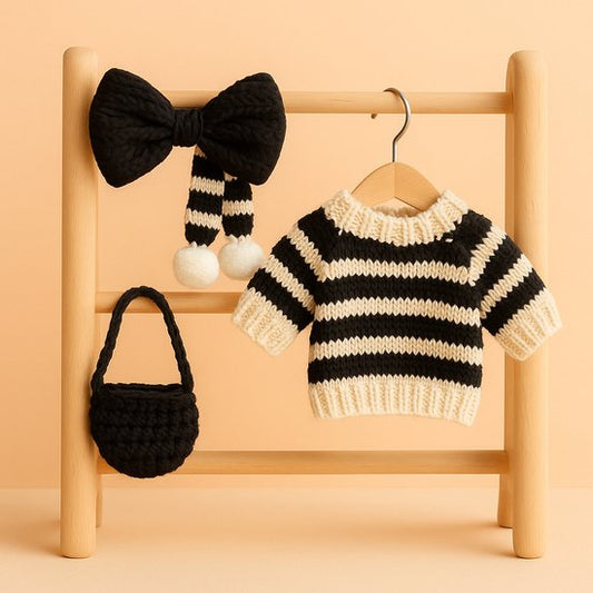 Labubu Outfit - Zwart/witte gebreide trui, tas, strik en sjaal