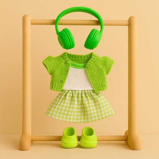Labubu Outfit - groen gebreid vest + groen-wit shirt + groen geruite rok + groene schoenen + groene hoofdtelefoon
