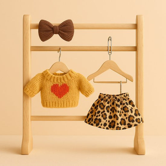 Labubu Outfit - gebreide trui met rood hart, bruin ‘Star’ strikje en luipaard scrunchie rok