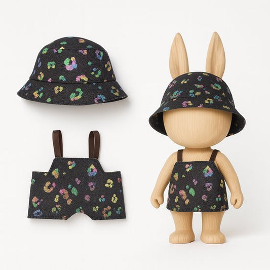 Labubu Outfit - Holografisch zwarte tuinbroek met matching bucket hat