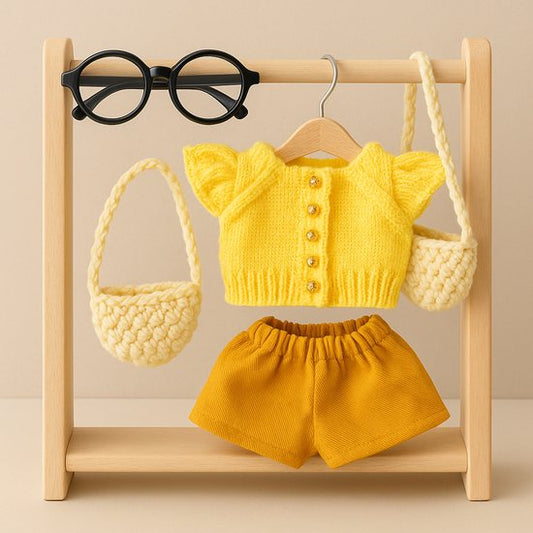 Labubu Outfit - Compleet outfitje: gebreid geel topje, gele short, bril en gehaakte tas