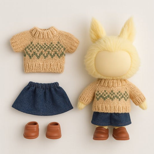 Labubu Outfit - Gebreide camel trui met patroon, denim rokje en bruine schoentjes