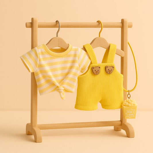 Labubu Outfit - Geel gestreept shirt, geel tuinbroekje, popcorn tasje