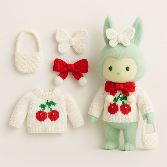 Labubu Outfit - Witte gebreide kersensweater met rode strik, gebreide tas en witte haarstrik